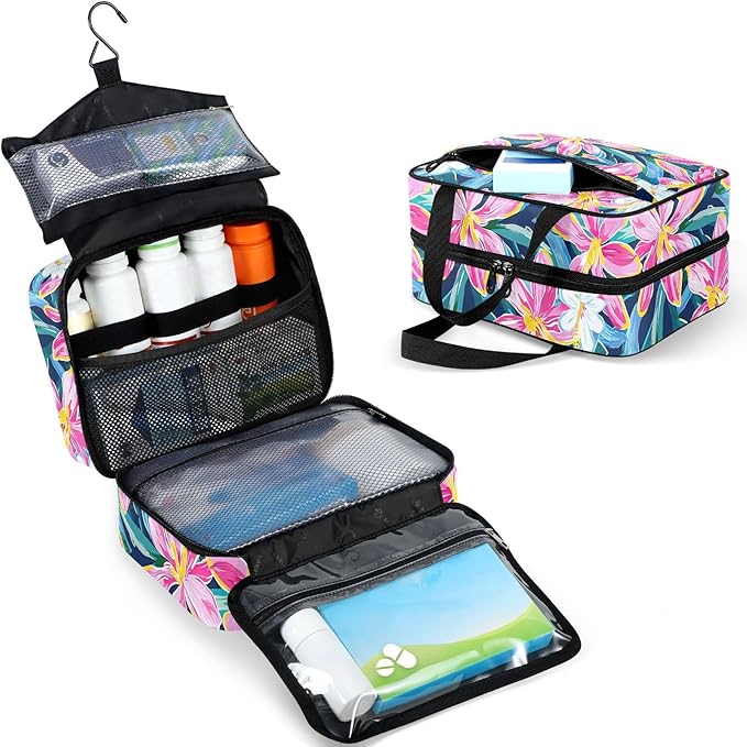 Fustylead Pink Lily Flowers Green Leaves Large Medical Supplies Organizer Bag with Zipper Empty First Aid Bag Trauma Kit for Traveling Hiking Camping