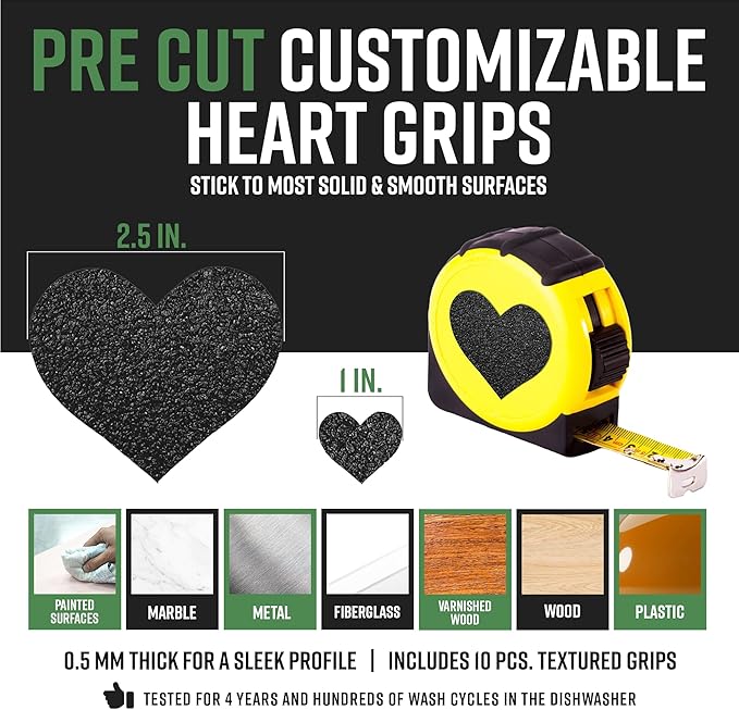 Dragon Grips Heart Stickers - 10 Pcs Black Heart-Shaped Rubberized Grip Stickers - Waterproof, Multi-Purpose, Non-Slip, Textured Cell Phone Grip Tape for Laptop, Mouse, Tablet, iPad, iPhone Case