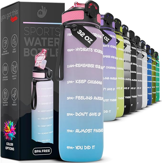Motivational Water Bottle with Time Marker, 32 oz Water Bottle, Sports Water Bottle with Spout, Achieve All-Day Hydration SpillProof, BPA FREE
