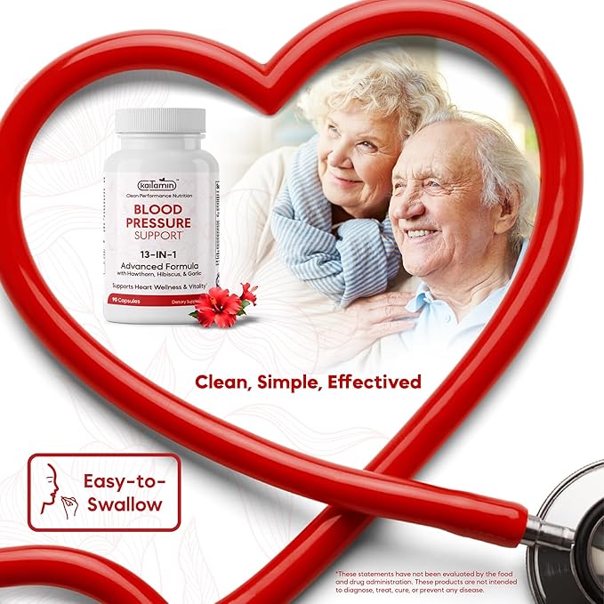 Blood Pressure Support Supplement - Circulation Support & Heart Health Supplements - 13-in-1 Formula with Hawthorn Berry, Hibiscus & Garlic Supplements - 90 Capsules (3-Month Supply)
