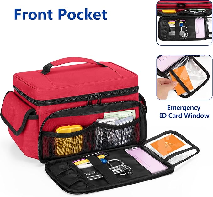CURMIO Medicine Storage Bag Empty, Lockable Pill Bottle Organizer with Portable Zippered Pouches for First Aid Kits, Medicine Box for Home and Travel, Red (Patent Pending)