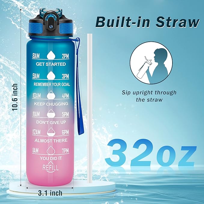 Motivational Water Bottle with Time Marker - 32oz, Leak-proof BPA Free Sports Water Bottles with Straw & Carrying Strap