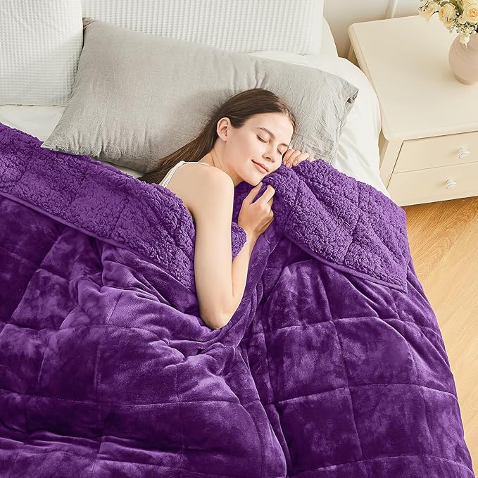Cottonblue Weighted Blanket 15 lbs Queen Size, Flannel Shaggy Sherpa Weighted Blanket for Adults Comfortable Weighted Blankets for Calming and Relax, Bed Sofa Heavy Blankets, 60x80 inches, Purple