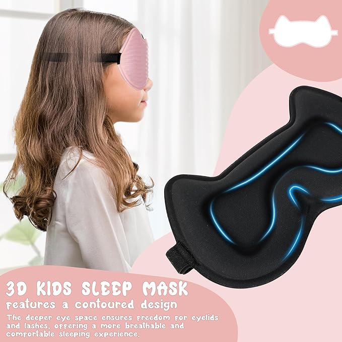 Kids Sleep Mask Eye Mask: 3D Contoured Cup Sleeping Masks, Blindfold with Adjustable Strap, Kids Eye Cover for Boys, Girls, Teens, Pressure-Free with Memory Foam Face Mask for Sleeping (Pink)