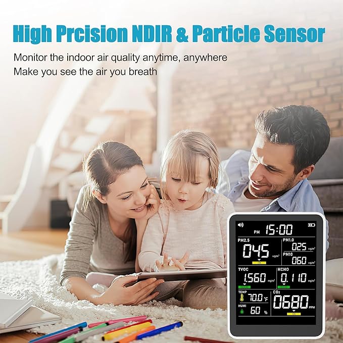 9-in-1 Professional Indoor Air Quality Monitor Indoor Portable PM2.5/PM10/CO2, Temperature, Formaldehyde Detector, Humidity TVOC,Time Display Air Quality Tester - Confined Space Clean Air Monitor