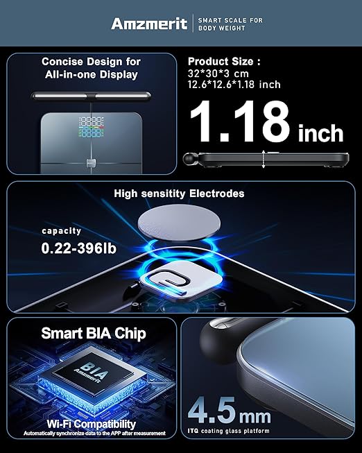 Smart Scale for Body Weight, 8-Electrode Larger Platform Digital Scale for Weight Fat BMI 50 Body Composition Measurement, Bluetooth & Wi-Fi Digital Bathroom Scale, Rechargeable, Dark Gray
