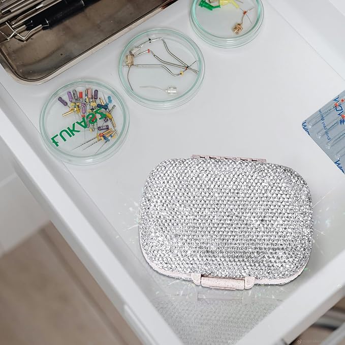 1Pack Travel Pill Organizer, 8 Compartments Portable Pill Case, Small Pill Box for Pocket Purse Portable Medicine Vitamin Container (Sparkling Silver)