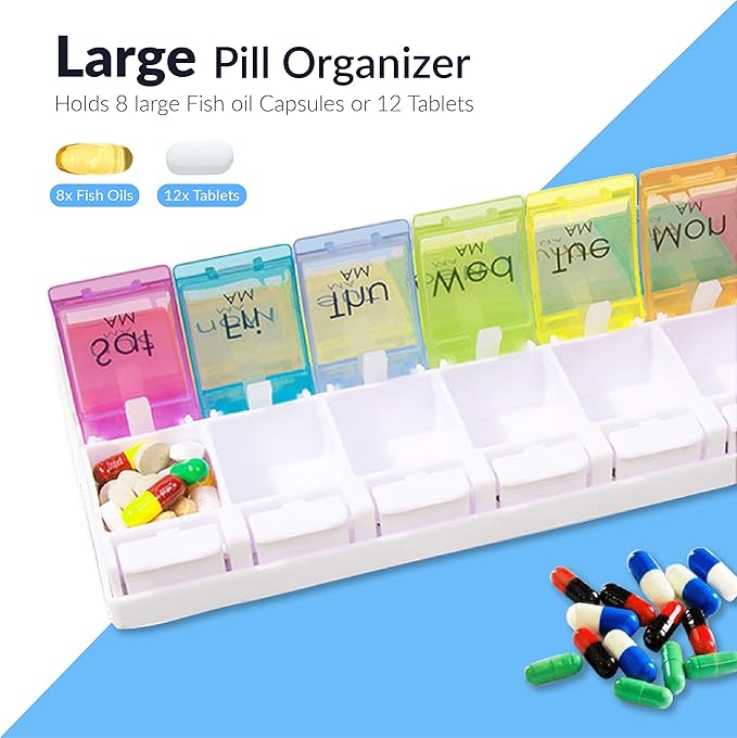 Renoir Weekly 7-Day AM/PM Push Button Pill Organizer Planner- Arthritis Friendly
