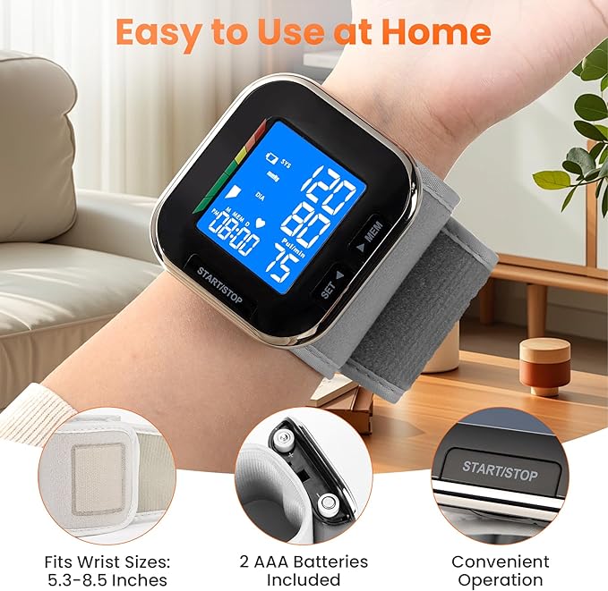 Blood Pressure Monitor Adjustable Wrist Cuff LCD Backlit Display BP Machine for Home Use Stores Up to 60 Readings Batteries Included with Carrying Case, Black