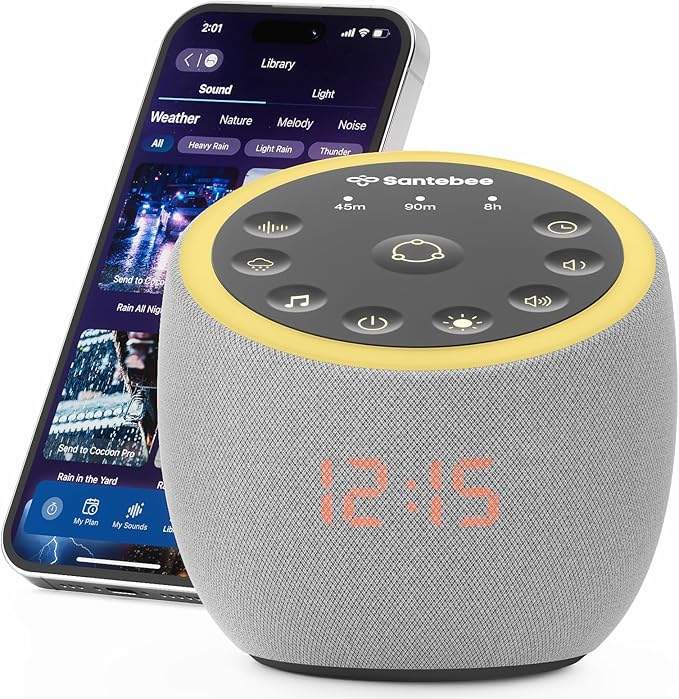 Santebee White Noise Sound Machine for Sleeping, 388 Soothing Sounds, Cocoon Pro 2 Smart APP Control, Custom Buttons Bedside Dimmable Alarm Clock Night Light, for Adults Baby Kids Lullaby