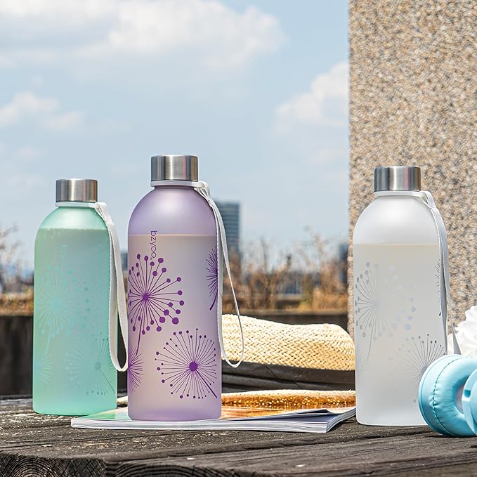 bzyoo 32oz 1 Liter Clear Water Bottle with Time Marker, Dandelion Design, Durable Plastic, BPA-Free, Reusable with Measurement Markings for Fitness and Outdoor Activities (Color: Green)