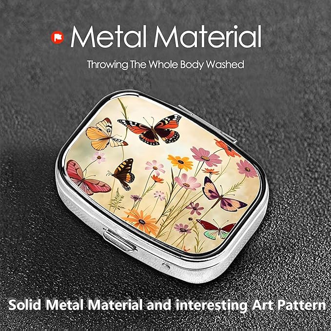 ABLESKY Pill Box, 2 Compartment Pill Organizer Case for Pocket or Purse, Small Portable Metal Travel Medicine Box with Mirror, Daily Vitamins Fish Oil Container-Aesthetic Butterfly Flowers
