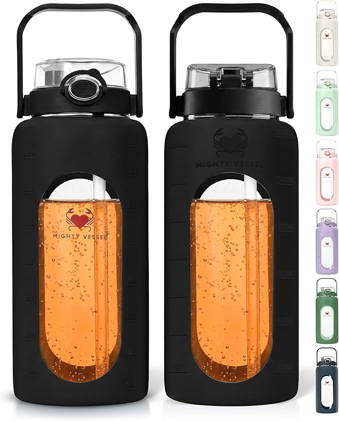 64 Oz Water Bottle with Time Marker & Straw - Black Pregnancy 2 Liter Glass Water Bottles with Measurements - Daily intake bottle - Leakproof Borosilicate jug