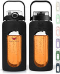 64 Oz Water Bottle with Time Marker & Straw - Black Pregnancy 2 Liter Glass Water Bottles with Measurements - Daily intake bottle - Leakproof Borosilicate jug