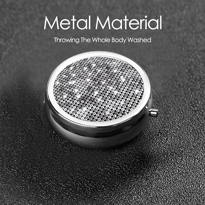 Silver Sequin Sparkle Pattern Printed Round Travel Pill Box Cute Small Metal Pocket Pill Case for Men & Women 3 Compartment Portable Pill Organizer for Purse or Pocket
