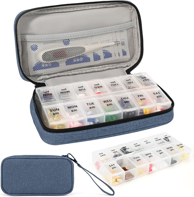 Weekly Pill Organizer 2 Times a Day, Travel Pill Box 7 Day with Large Opening, Pill Case with Handle, Pill Dispenser Medicine Organizer for Vitamins, Fish Oils, Medications, Supplements(Black, Large)