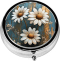 Pill Box, 3 Compartments Small Pill Case Travel Portable Metal Medicine Box with Mirror Mini Container for Purse Pocket Women Men(White Daisy)
