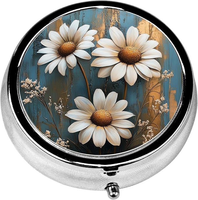 Pill Box, 3 Compartments Small Pill Case Travel Portable Metal Medicine Box with Mirror Mini Container for Purse Pocket Women Men(White Daisy)