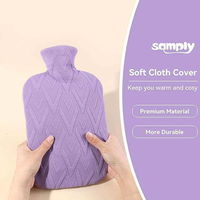 samply Hot Water Bottle with Cover, 2L Hot Water Bag for Hot and Cold Compress, Hand Feet Warmer, Neck and Shoulder Pain Relief, Light Purple