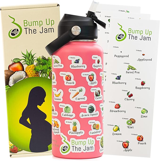 Pregnancy Water Bottle Tracker - 32 Ounce Stainless Steel - Includes Weekly Pregnancy Tracker Stickers (Coral Crush)