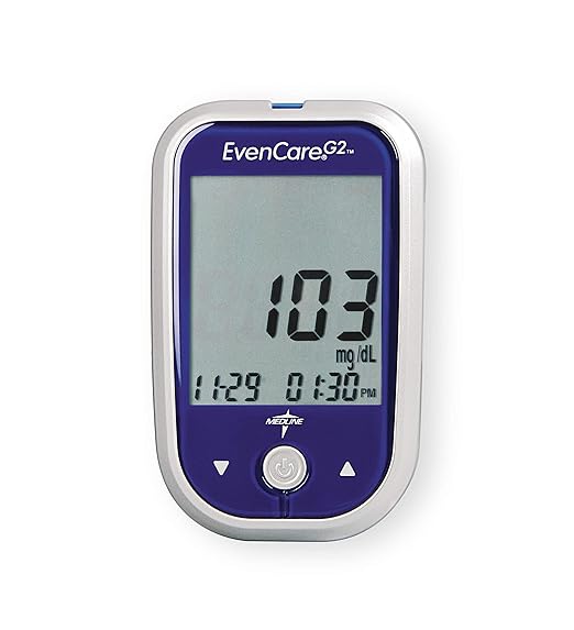 Medline EvenCare G2 Blood Glucose Monitoring Meter, Self-Testing Diabetic Care, 6 Sec Results, Batteries, Guide, Carrying Case, Logbook, Voice Assistance