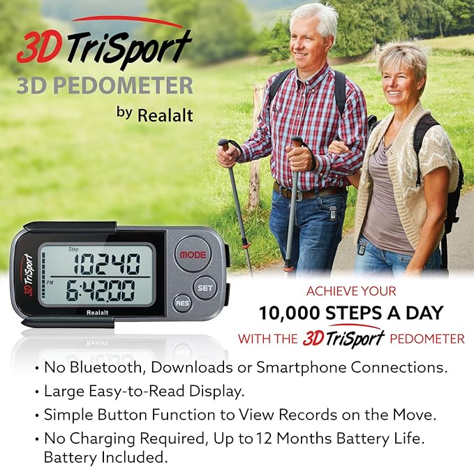 Realalt 3DTriSport 3D Walking Pedometer with Clip & Strap, Accurate Step Counter with 30-Day Memory, Distance in Miles/KM with Large Display Perfect for Seniors & Beginners, eBook Included