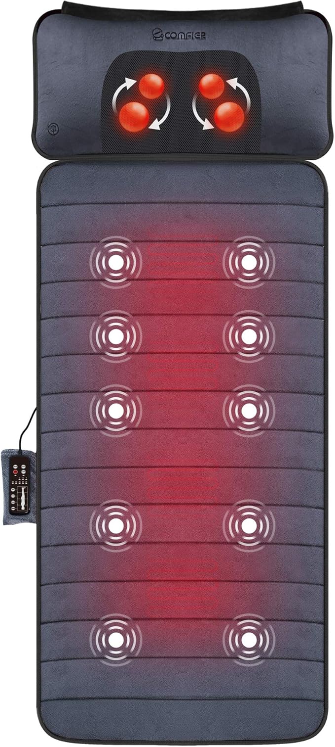 COMFIER Full Body Massage Mat with Movable Neck Pillow, 10 Vibrating Motors & 4 Heating Pads, Back Massage Pad, Father's Day Gifts for Dad Men