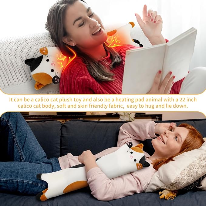 Calico Cat Heating Pad-USB Heated Plush Stuffed Animals for Period Cramps and Menstrual Pain Relief,22” Portable Electric Kitten Heating Pads,Built-Pocket Plushies Women Girls Gifts