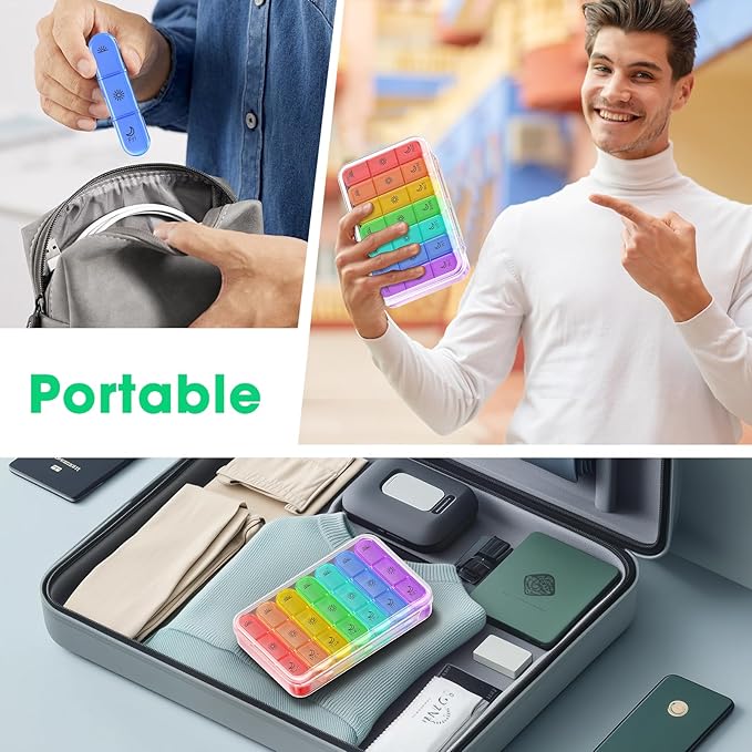 3 Times a Day Pill Organizer - 7 Day Portable Weekly Pill Box, Travel Pill Case with Snap-Locked Compartments, BPA-Free for Vitamins & Medication(Clear)