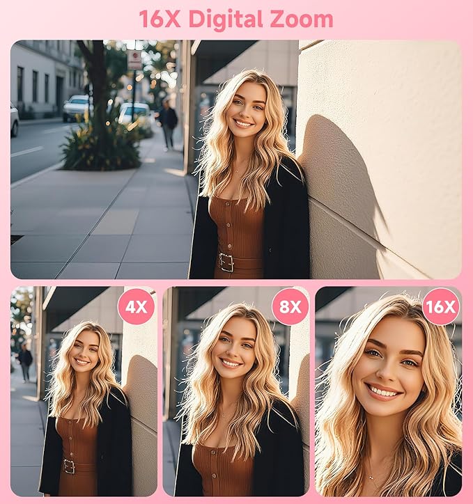 Digital Camera, 2026 Upgraded 56MP Pink Digital Camera, Dual Screens Cameras for Selfies with 16X Zoom, Compact Cameras with Smile Capture Anti Shake with 32GB SD Card for Kids Teens Adults