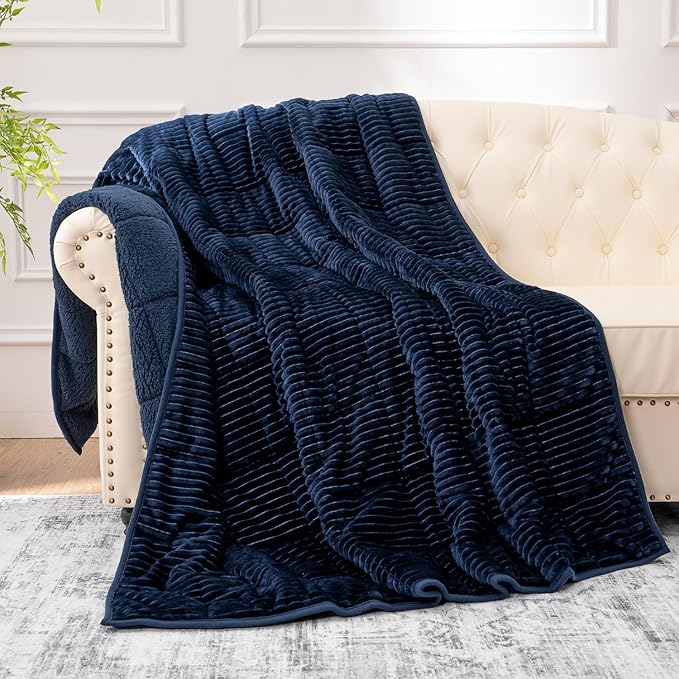 Sherpa Fleece Adult Weighted Blanket 20lbs with Ribbed Stripes, Dual Sided Fuzzy Warm Blanket for Couch Bed Sofa, Heavy Thick Blankets with Glass Beads Great for Sleep, Navy Blue, 60" x 80"