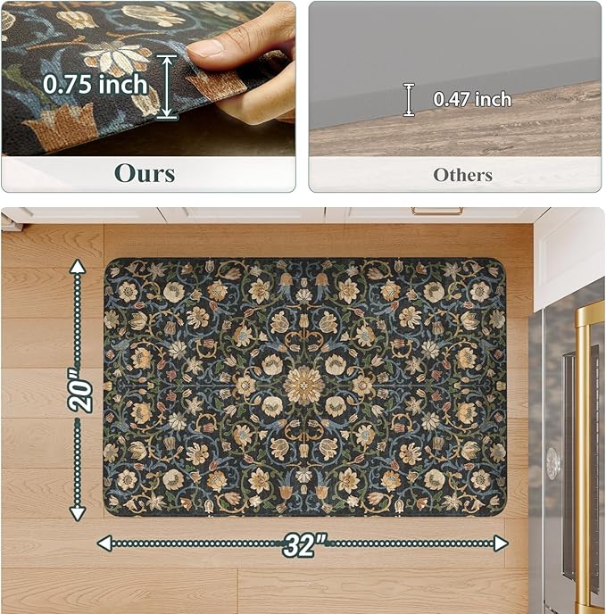 KIMODE Comfort Kitchen Mats for Floor Cushioned Anti Fatigue,Boho Vintage Floral Sink Rug Non Slip for Laundry,Extra Thick Memory Foam Ergonomic Standing Carpet for Office,Dark Green/Blue 32" x 20"