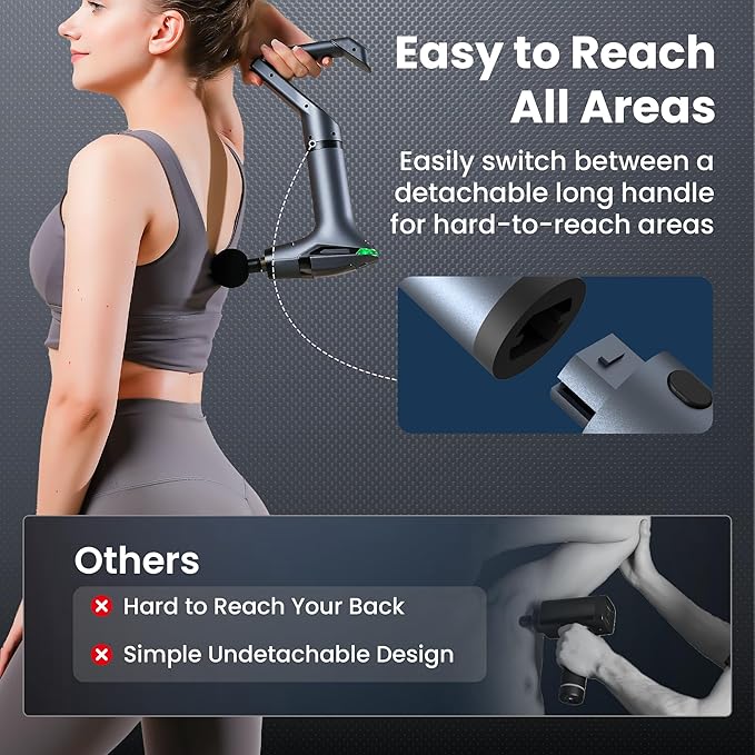 Detachable 3-in-1 Massage Gun with Extension Handle & Massage Strap, Back Pain Relief Percussion Muscle Massager for Neck Shoulder, 12 Speeds &12mm Amplitude for Hard-to-Reach Areas, Quiet & Portable