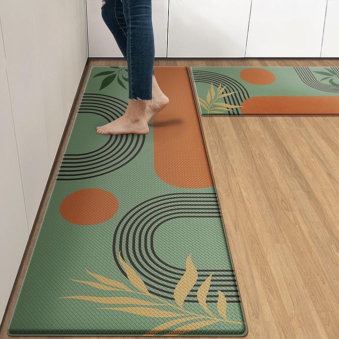 Kitchen Mats for Floor 2 PCS, Anti Fatigue Mat Set, Boho Cushioned Non Slip Waterproof Kitchen Rugs, Wipe Clean PVC Leather Runner for Sink, Laundry, Office, 17"x47"+17"x29", Dark Green