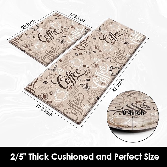 Arttown Coffee Cute Cafe Anti-Fatigue Kitchen Rug Set of 2 Cup Brown Farmhouse Vintage Cushioned Floor Standing Mat Waterproof Non-Slip Kitchen Mat and PVC Ergonomic Comfort Foam Rug