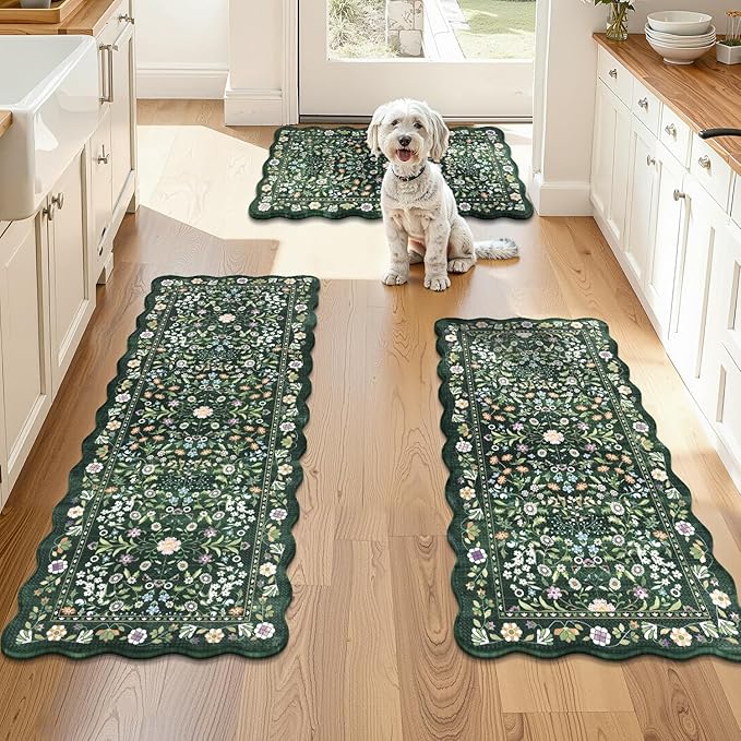 Yamaziot Anti Fatigue Kitchen Rugs Set of 3 - Boho Non Slip Waterproof Kitchen Mats for Floor, Boho Runner Rug for Kitchen Floor, Laundry, Office, 17.3"x29"+17.3"x35"+17.3"x47", Green & Black
