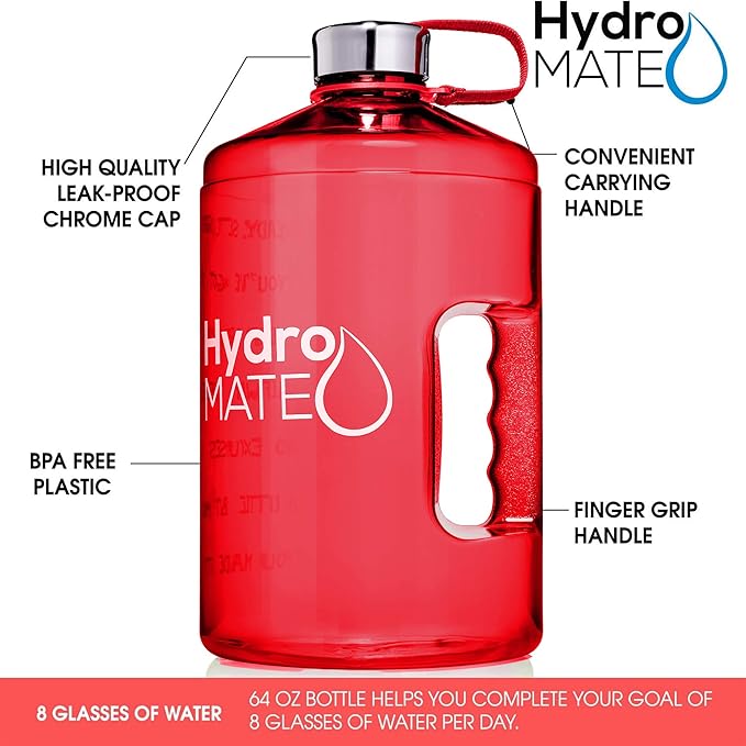 NatureWorks HydroMATE 1/2 Gallon Water Bottle with Times to Drink BPA Free Leak Proof Reusable Jug with Handle 64 oz (Red)