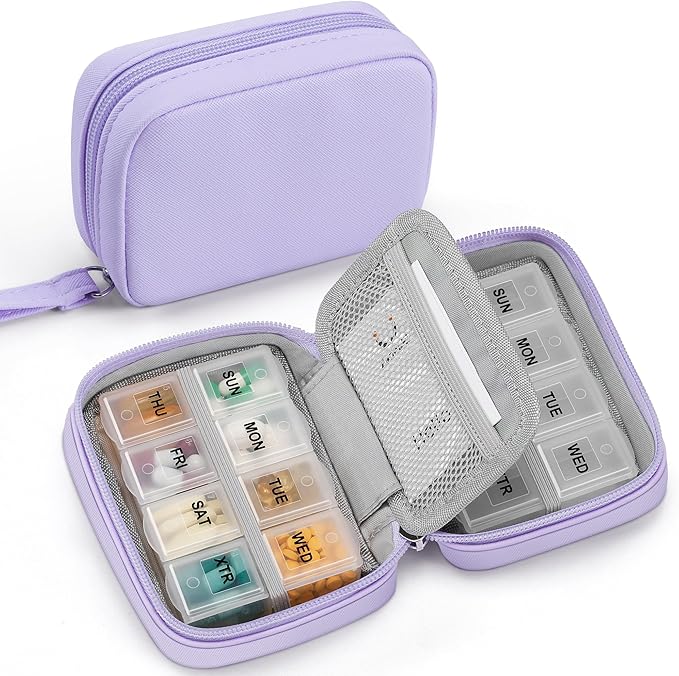 Zannaki Cute Pill Organizer for Purse with Two Removable 7-Day Pill Box, Travel PU Leather Pill Case, Portable Weekly Pill Container with Storage Bag to Hold Vitamins, Fish Oils, Supplements (Purple)