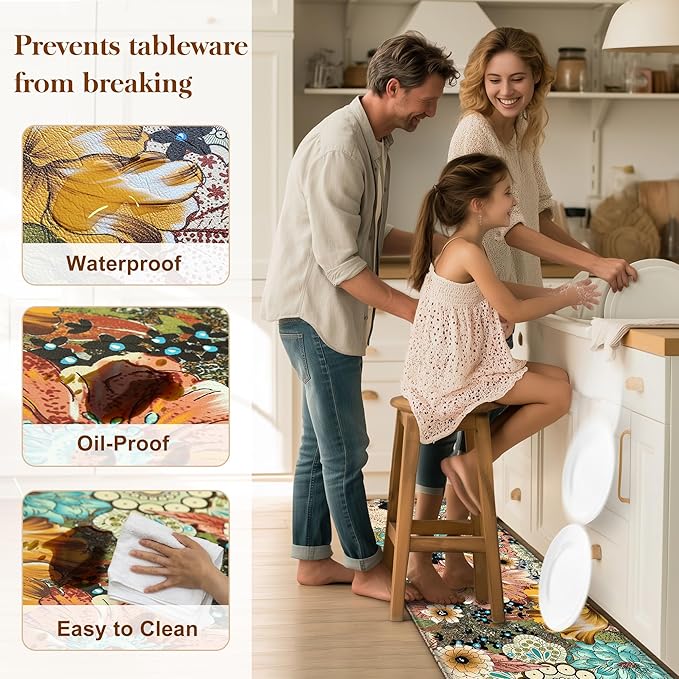Kitchen Mats For Floor Cushioned Anti Fatigue Sets of 2 Boho Floral Kitchen Rugs Non Slip Waterproof Foam Kitchen Floor Mats Padded Comfort Standing Mat Rug For Sink Laundry Office, 17.3x28+17.3x59