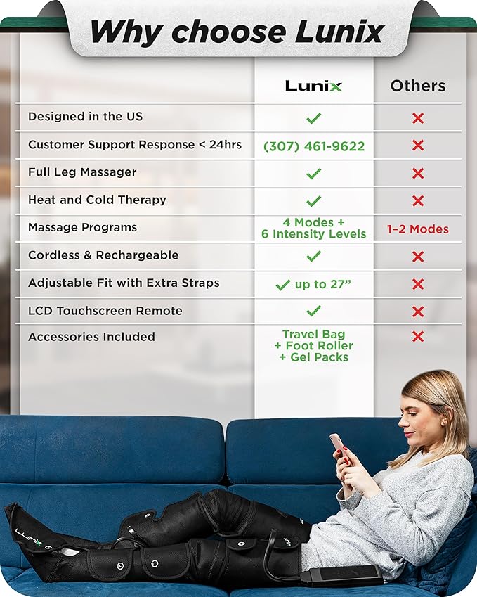 Lunix LX10 FSA Full Leg Massager with Heat & Air Compression, Foot Calf and Thigh Massage Boots for Everyday Recovery, Adjustable Fit, Cold Therapy Option, Handheld Controller, Charcoal Black