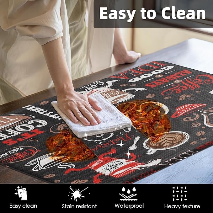 Arttown Coffee Cafe Vintage Anti-Fatigue Kitchen Rug Set of 2 Red Black Retro Farmhouse Cushioned Floor Standing Mat Waterproof Non-Slip Kitchen Mat and PVC Ergonomic Comfort Foam Rug