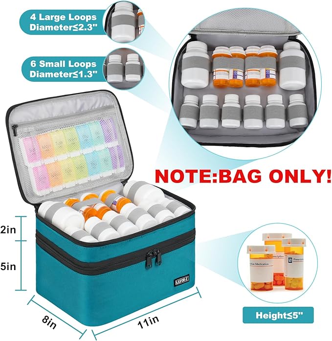 Medicine Storage Bag,Double Layers Pill Bottle Organizer Bag Empty with Lockable Zipper&Adjustable Divider,Medication Travel Carrying Bag for Pills,Vitamins,Medical Supplies,Teal Color