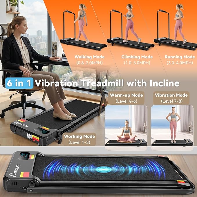 ANCHEER Folding Walking Pad Vibration with Handle, 1500W Portable Treadmill with 12% Incline & 8 Modes, 350lb Under Desk Vibration Treadmills for Home/Office,Installation-Free