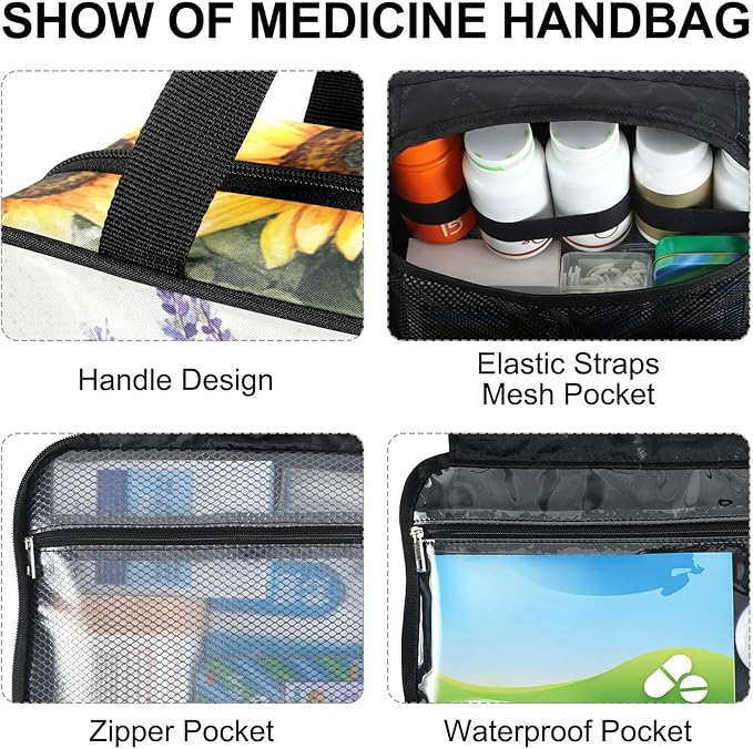 Fustylead Farmhouse Sunflowers Lavender Floral Pill Organizer Bag Large Medicine Travel Carrying Case with Zipper for Vitamin Supplements Fish Oil, Empty First Aid Kit for Hiking Camping