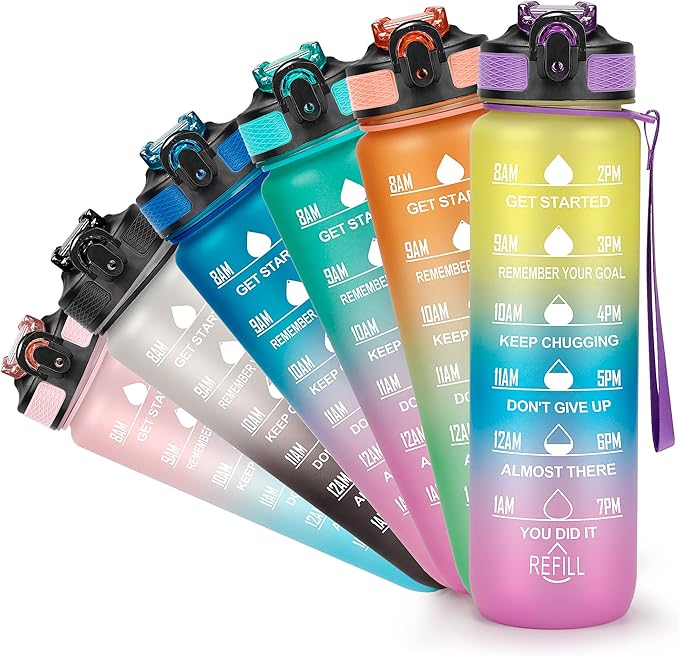 Motivational Water Bottle with Time Marker - 32oz, Leak-proof BPA Free Sports Water Bottles with Straw & Carrying Strap