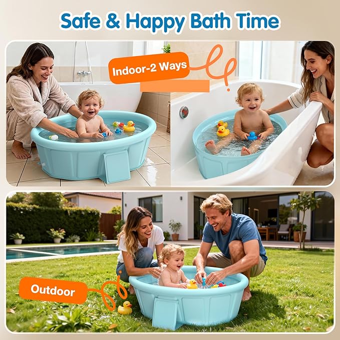 Baby Bathtub with Inflatable Top Edge, Extra Stable Infant Bath Tub, Collapsible & Portable for Baby Bath Time, No Tilt Design for 12M-6Y Toddler, No Assembly for Travel Shower