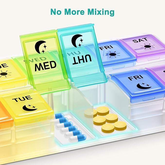 Fullicon Large-Capacity Pill Organizer 2 Times a Day, Fast-Refill Medicine Pill Organizer, Pill Box, Travel Pill Box, Medicine Organizer, AM PM Weekly Pill Case (Clear Rainbow) Patent Pending