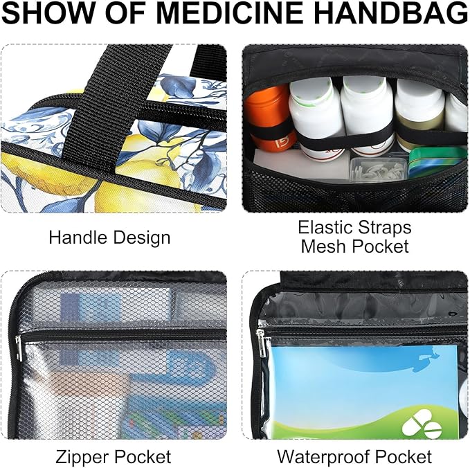 Fustylead French Country Blue Tile Yellow Lemons Travel Pill Bottle Organizer Large Home Storage Medication Bag with Zipper for Vitamins, First Aid, Fish Oil, Medical Supplies