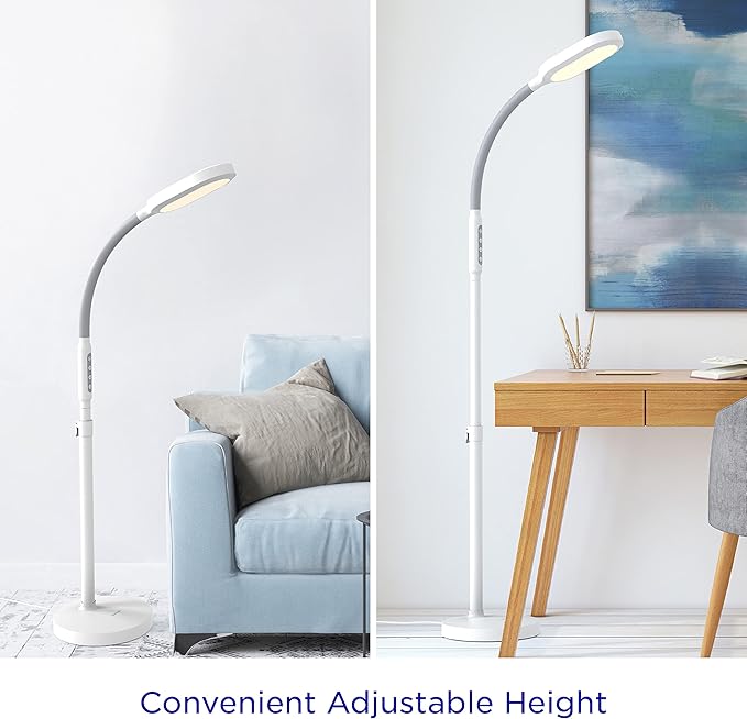 Verilux HappyLight Duo - 2-in-1 Light Therapy & Task Floor Lamp - UV-Free Full Spectrum LED, 10,000 LUX, Adjustable Brightness and Color, Flexible Gooseneck, and Adjustable Height