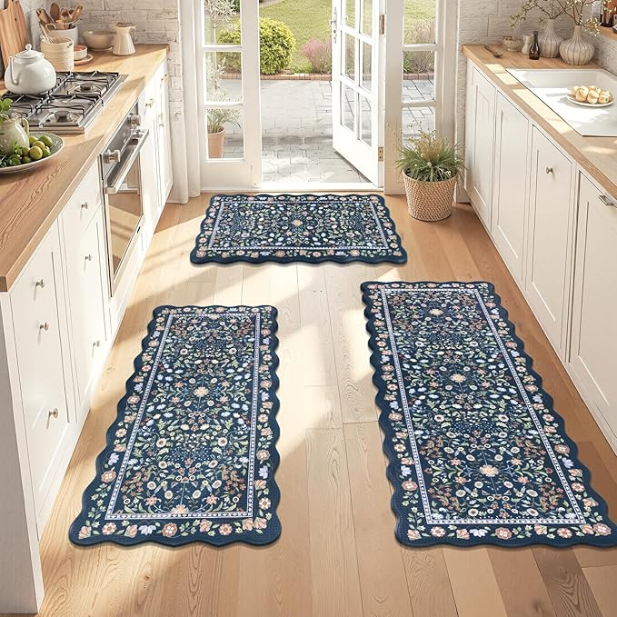 Yamaziot Anti Fatigue Kitchen Rugs Set of 3 - Boho Non Slip Waterproof Kitchen Mats for Floor, Boho Runner Rug for Kitchen Floor, Laundry, Desk, Bar, Office, 17.3"x29"+17.3"x35"+17.3"x47", Blue